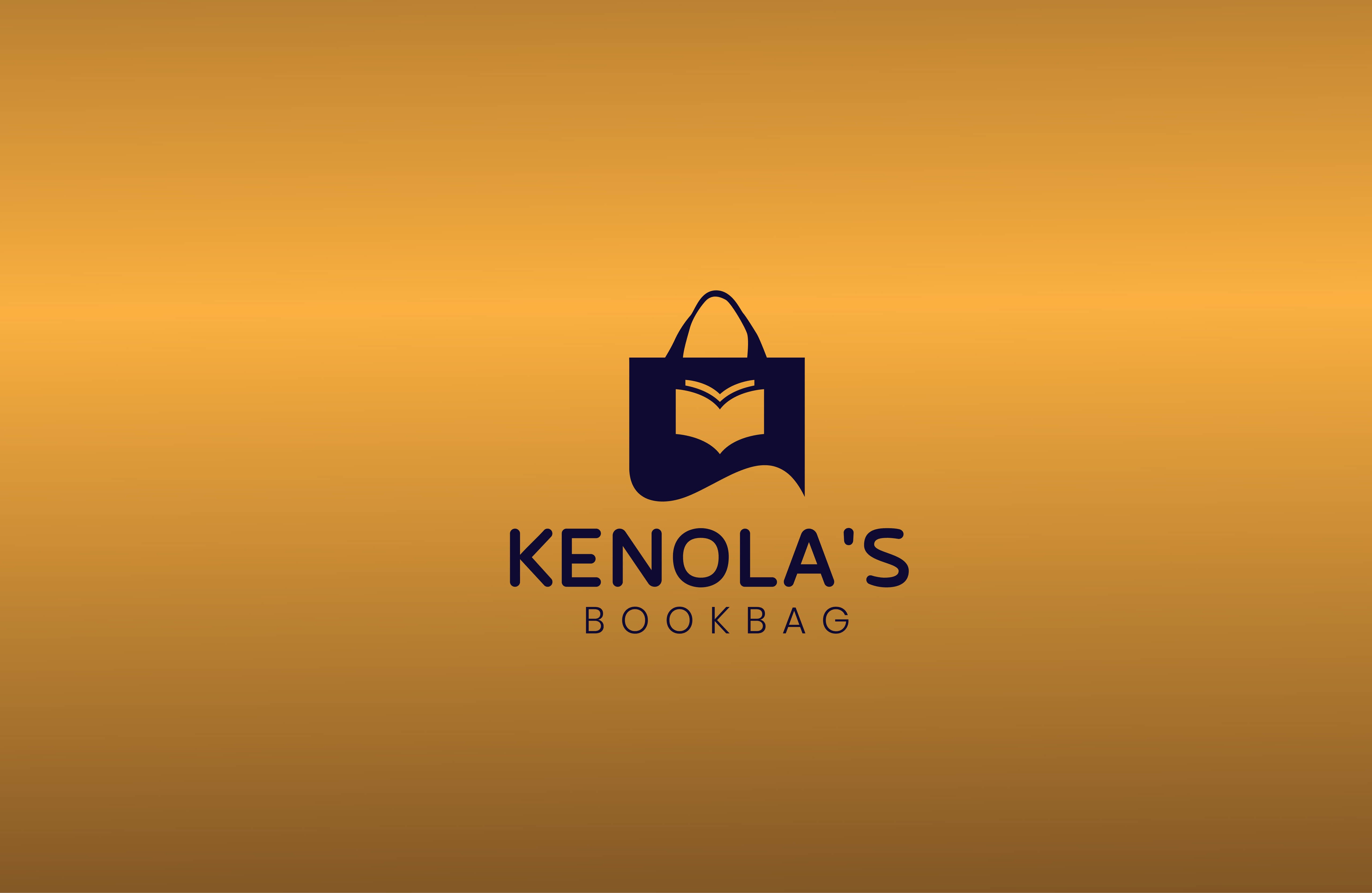 Kenola's Bookbag logo: a gold background with a blue totebag centered.  An open book is on the bag
