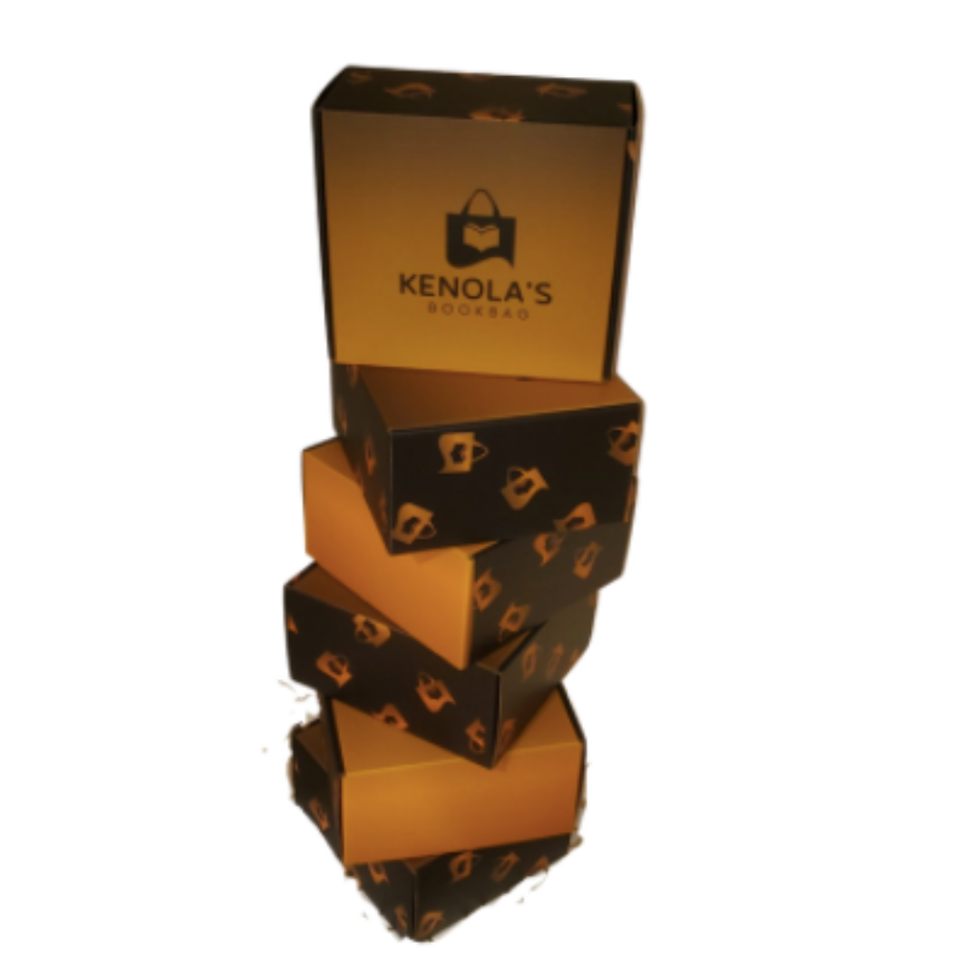 Six Kenola's Bookbag boxes.  A box subscription. gift box. box for women. book box. black books